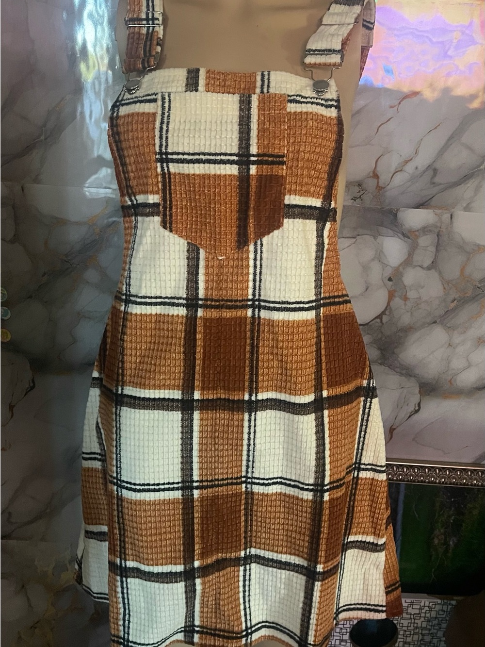 Plaid Strap Midi Dress in Brown and White